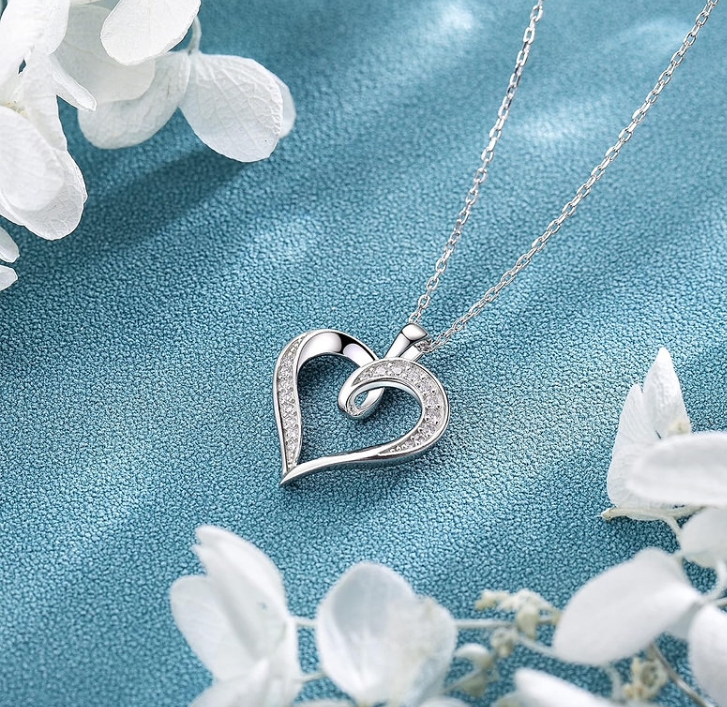 Dainty 925 Sterling Silver Open Heart Pendant Necklace with Cubic Zirconia