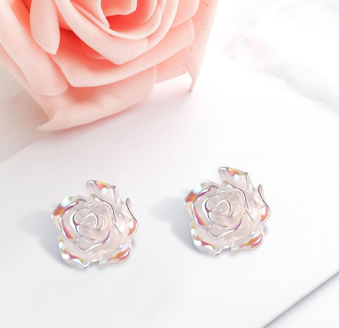 Tiny Carved Rose Flower Earrings – 925 Silver Post Botanical Studs