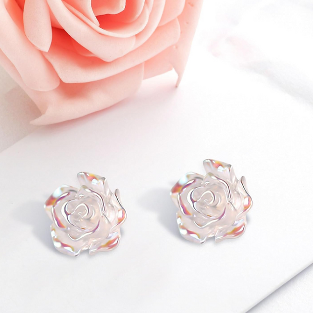 Tiny Carved Rose Flower Earrings – 925 Silver Post Botanical Studs