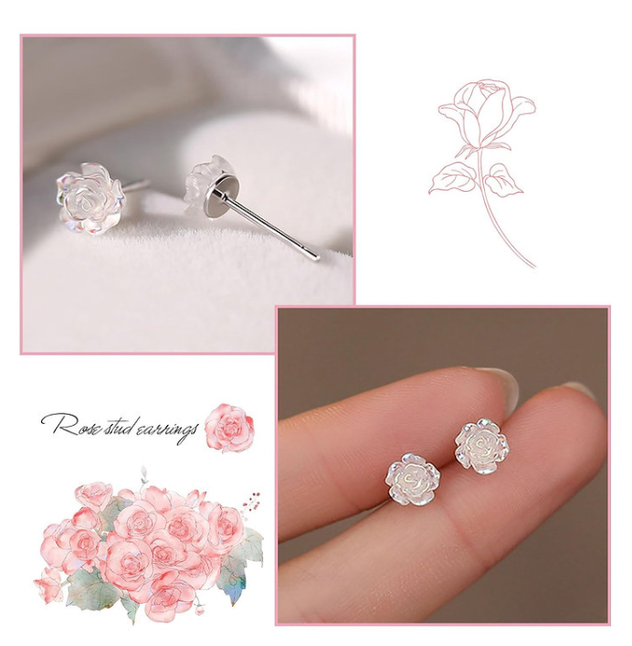 Tiny Carved Rose Flower Earrings – 925 Silver Post Botanical Studs