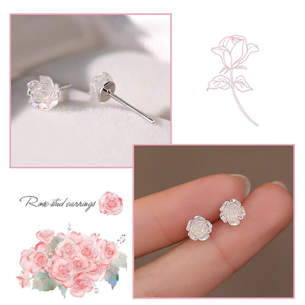 Tiny Carved Rose Flower Earrings – 925 Silver Post Botanical Studs