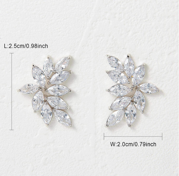 Silver CZ Leaf Wedding Earrings – 20mm Marquise Bridal Cluster Jewelry