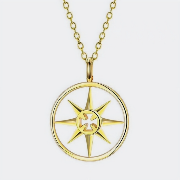 Gold Compass Pendant Necklace – 44cm Sterling Silver Chain