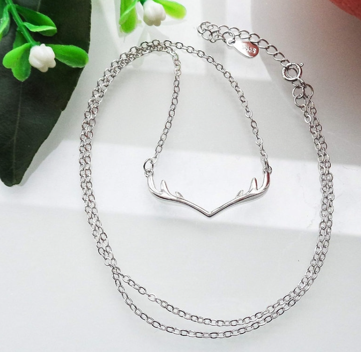 Sterling 925 Silver Deer Antler Necklace 1 mm