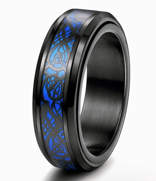 8mm Stainless Steel Spinner Ring – Blue Carbon Fiber Inlay Band