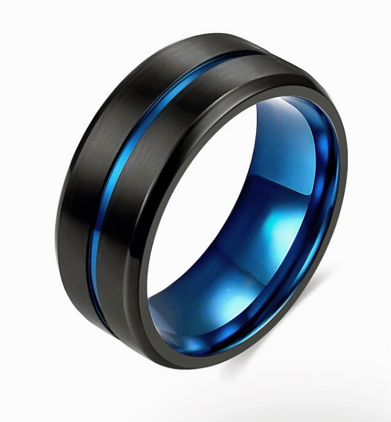 Premium Men’s Titanium Steel Ring – Wide 8mm Blue Accent Band