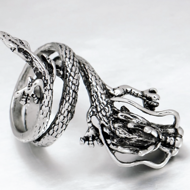 Ethnic Style Dragon Ring – 8mm Adjustable Silver-Tone Band