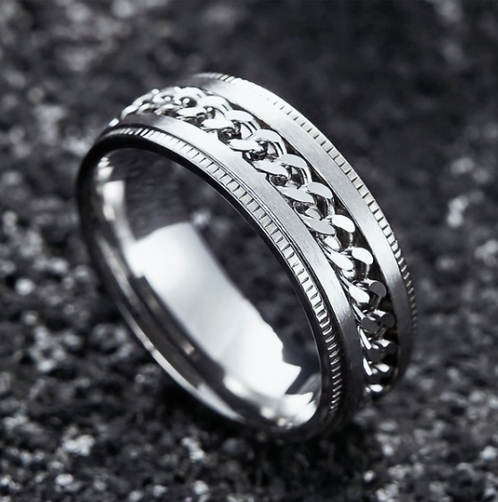 Modern Chain-Link Steel Spinner Ring – 8mm Scratch-Resistant Band