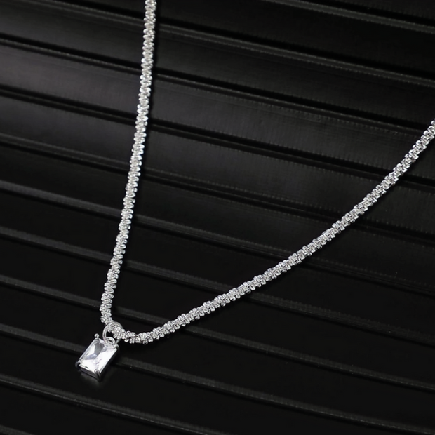Sparkling Rectangular Pendant Necklace – 44cm Stainless Steel Chain