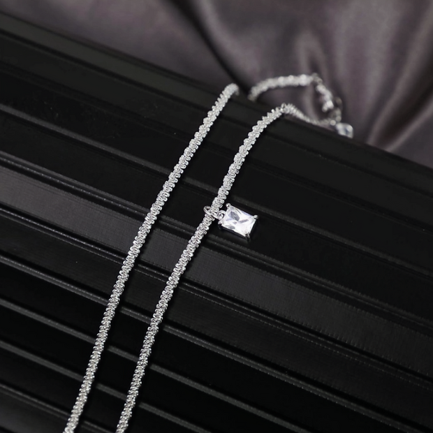 Sparkling Rectangular Pendant Necklace – 44cm Stainless Steel Chain