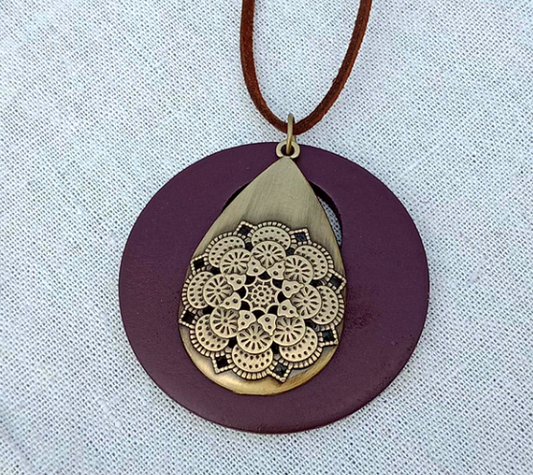 Ethnic Sweater Necklace Chain Wood Circle Pendant Hand Made