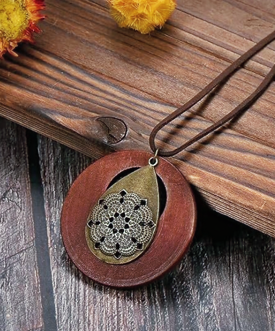 Ethnic Sweater Necklace Chain Wood Circle Pendant Hand Made
