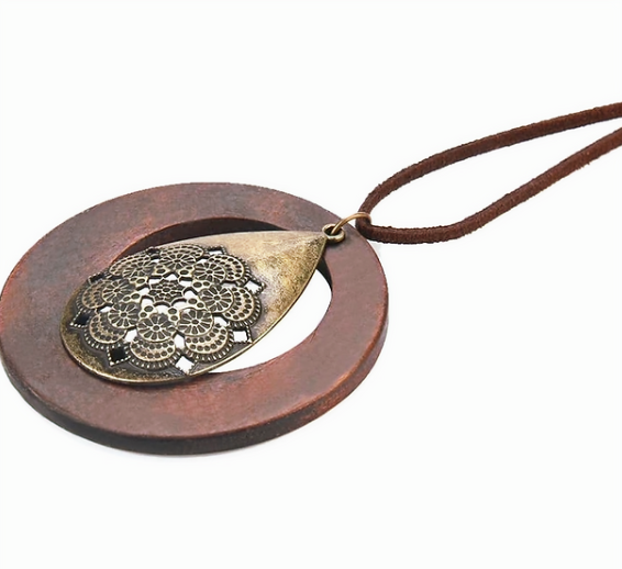 Ethnic Sweater Necklace Chain Wood Circle Pendant Hand Made