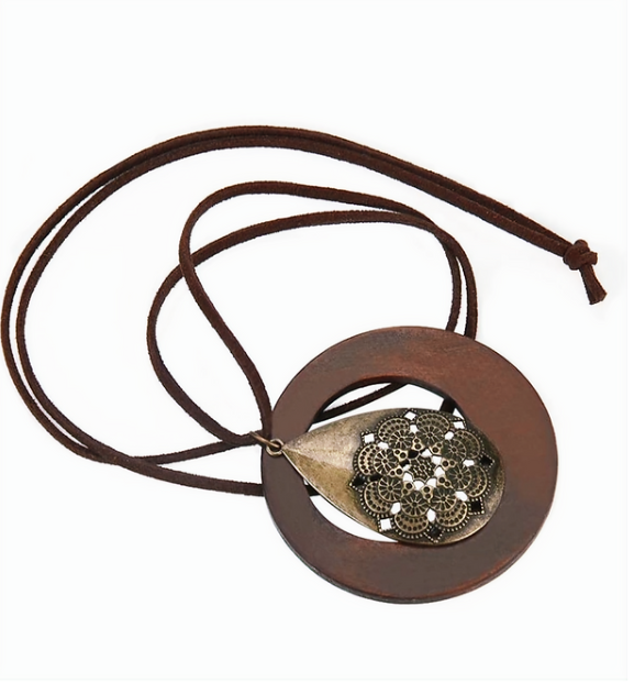 Ethnic Sweater Necklace Chain Wood Circle Pendant Hand Made