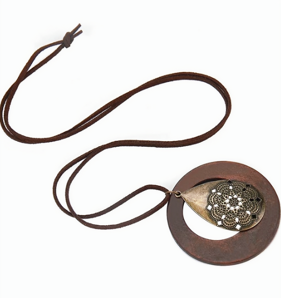 Ethnic Sweater Necklace Chain Wood Circle Pendant Hand Made