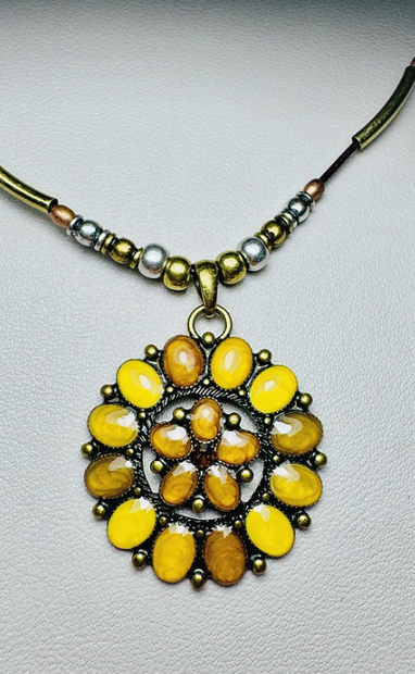 Ornate Circular Pendant Necklace – Yellow & Gold-Tone Boho Style