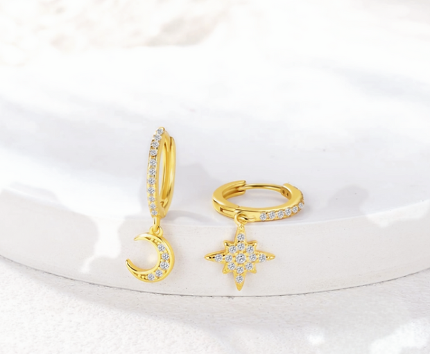 Sparkling Moon & Star Charm Hoops – Elegant Celestial Jewelry