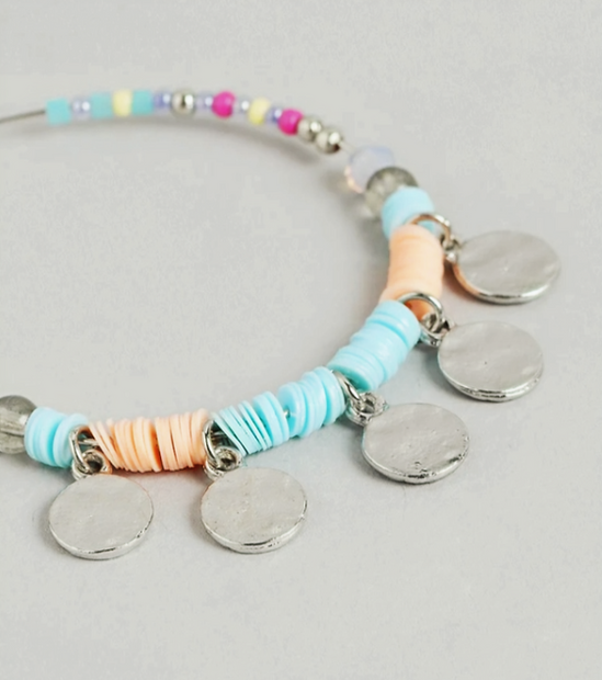 Vibrant Beaded Necklace – Unique Coin Pendant Statement Piece