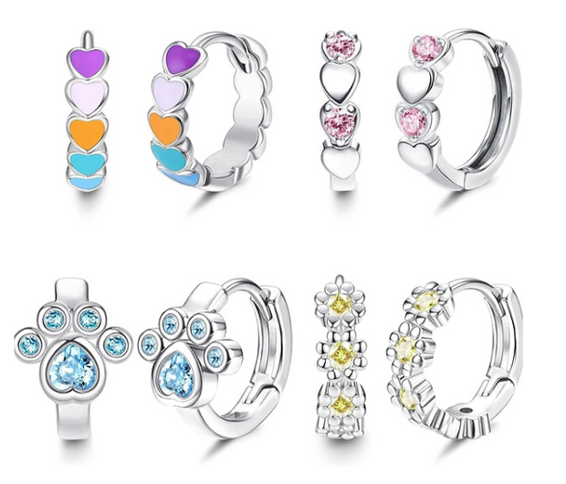 4-Pair Huggie Hoop Earring Set – Colorful Heart & Paw Stainless Steel Jewelry