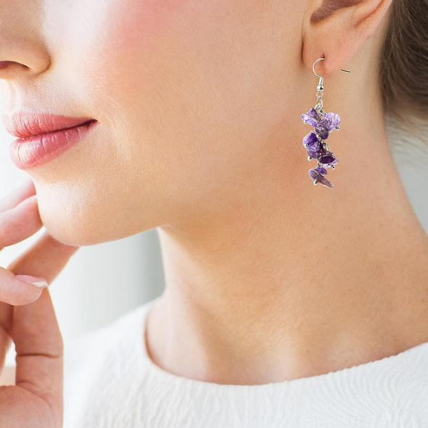 Amethyst Raw Crystal Drop Earrings Hypoallergenic Stainless Steel Jewelry