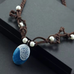 Ocean Inspired Blue Pendant Necklace with Imitation Pearls and Rope Chain