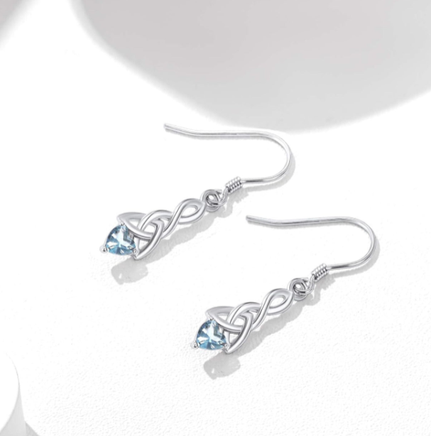 Classic Celtic Heart Drop Earrings in Sterling Silver with Blue Gemstone