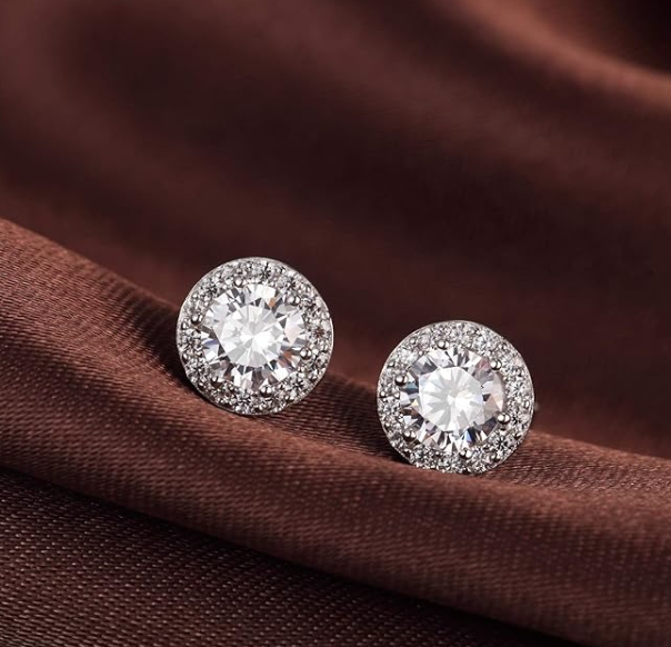 18K White Gold Plated Halo Stud Earrings with Cubic Zirconia
