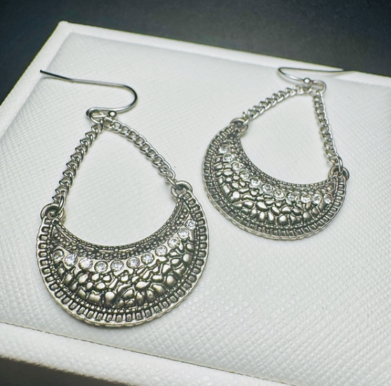 Bohemian Silver Dangle Earrings – Textured Crescent Filigree Drops