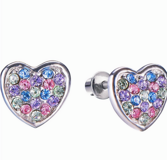 Multicolor Pavé Heart Earrings – Hypoallergenic Steel for Kids