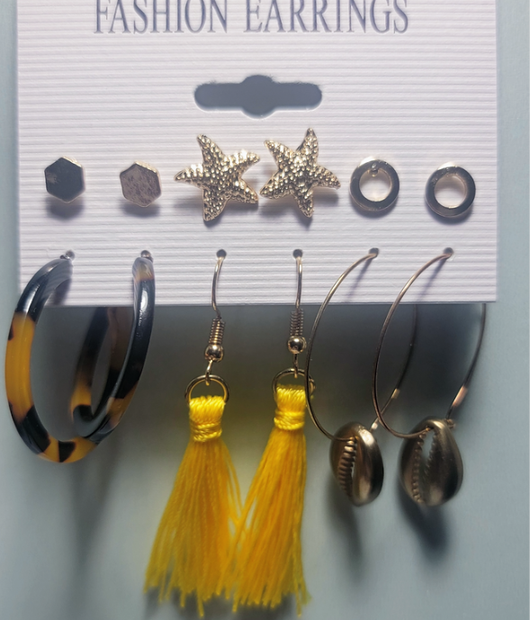 Bohemian Summer Earrings Multi-Pack – Yellow Tassels, Shells & Leopard