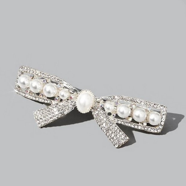 Pearl & Rhinestone Bow Hair Clip – Silver Crystal Barrette
