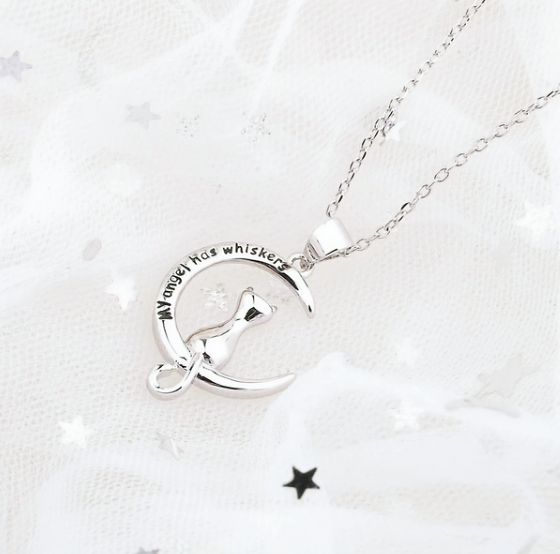 17 Inch Sterling Silver Cat Moon Necklace – Celestial 925 Jewelry