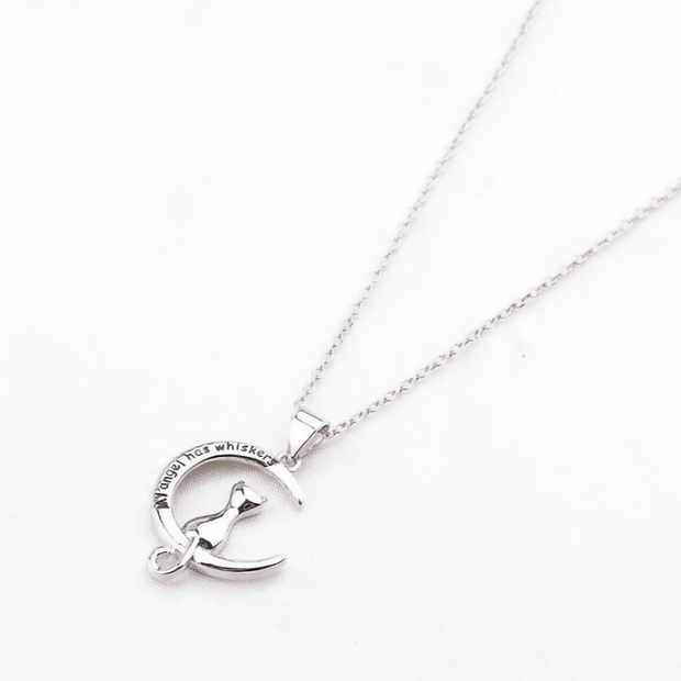 17 Inch Sterling Silver Cat Moon Necklace – Celestial 925 Jewelry