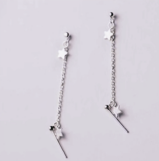 Star Double Piercing Tassel Chain Drop Dangle Cartilage Ball Bead Stud Earrings