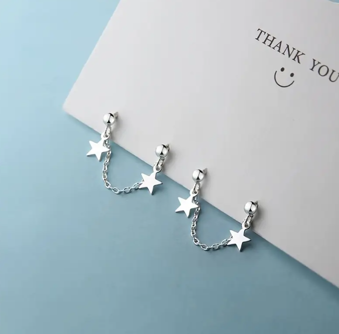 Star Double Piercing Tassel Chain Drop Dangle Cartilage Ball Bead Stud Earrings
