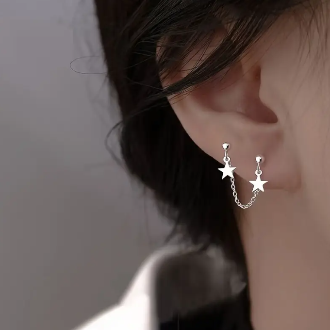 Star Double Piercing Tassel Chain Drop Dangle Cartilage Ball Bead Stud Earrings
