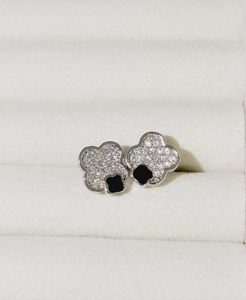14K White Gold Plated Women's Simulated CZ Clover Lucky Flower Stud Earrings