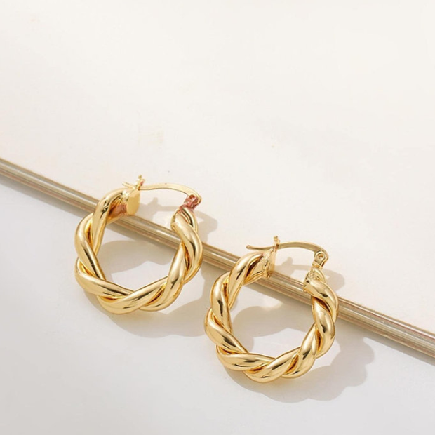 Textured Gold Twisted Hoop Earrings – Minimalist 925 Silver Hoops