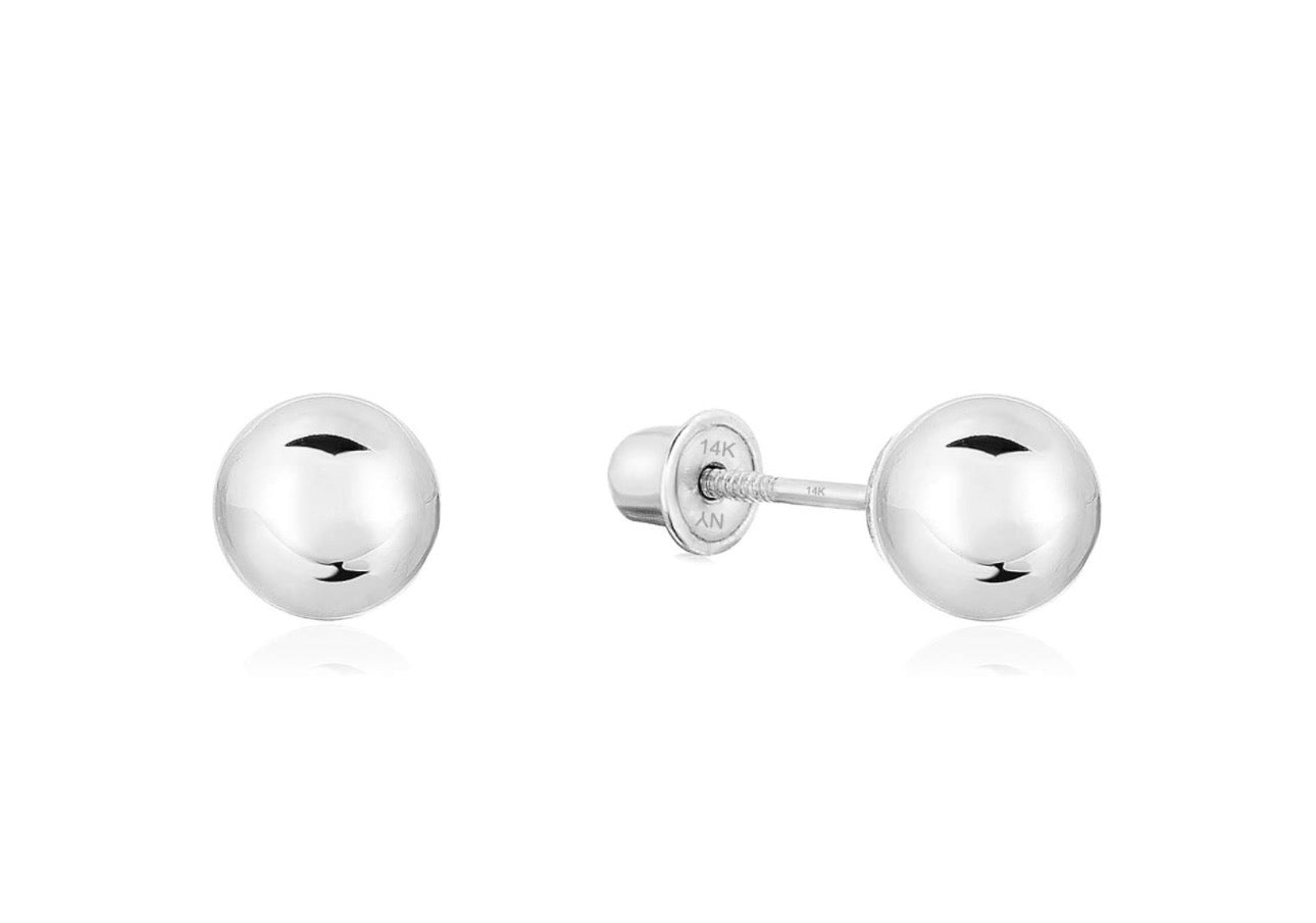 14k White Gold Ball Stud Earrings with Secure Screw-backs
