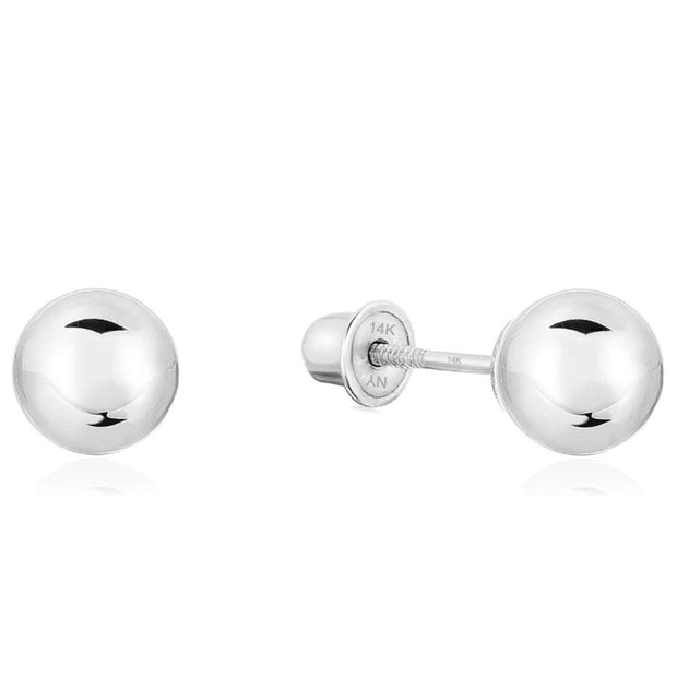14K Solid White Gold Ball Studs – Classic Screw-Back Earrings
