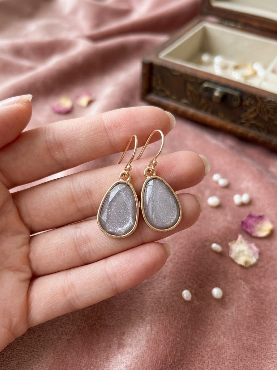 Sparkling Gray Teardrop Dangle Earrings – Gold Plated