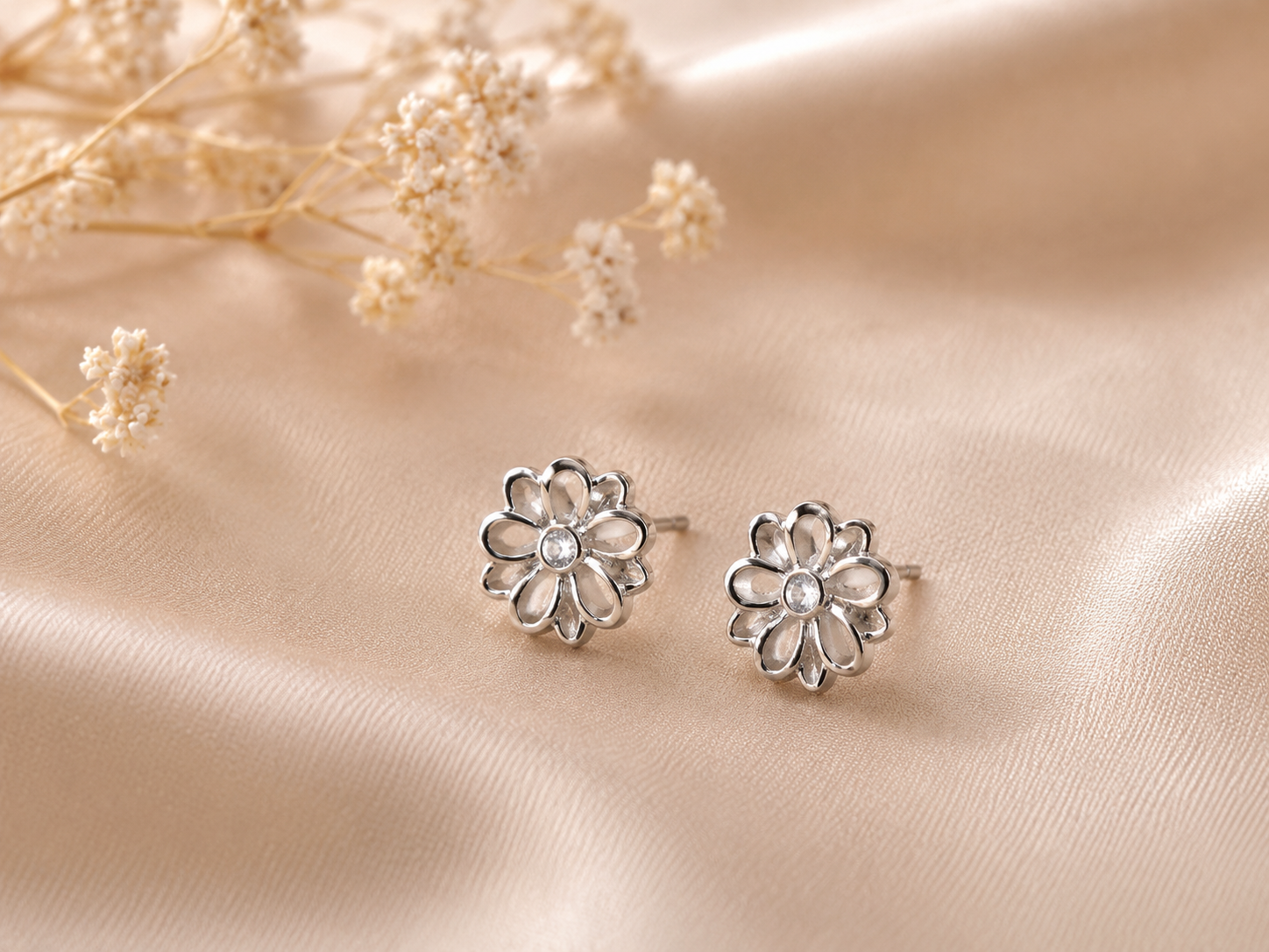 Elegant 8mm Stainless Steel Openwork Flower Crystal Stud Earrings