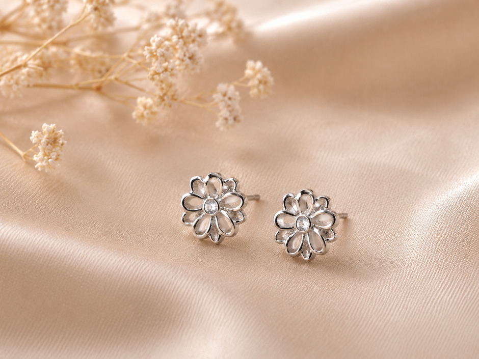 Elegant 8mm Stainless Steel Openwork Flower Crystal Stud Earrings