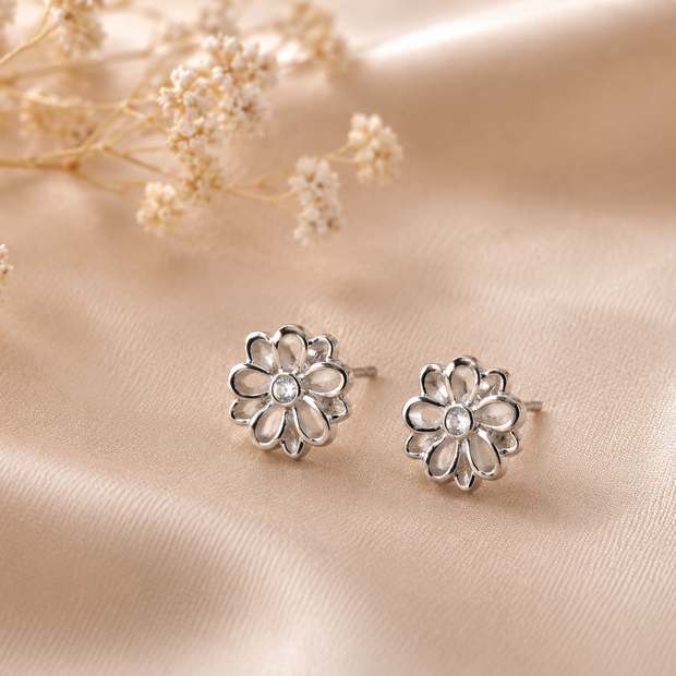 Elegant 8mm Stainless Steel Openwork Flower Crystal Stud Earrings
