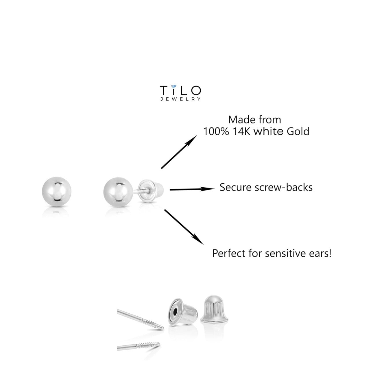 14k White Gold Ball Stud Earrings with Secure Screw-backs