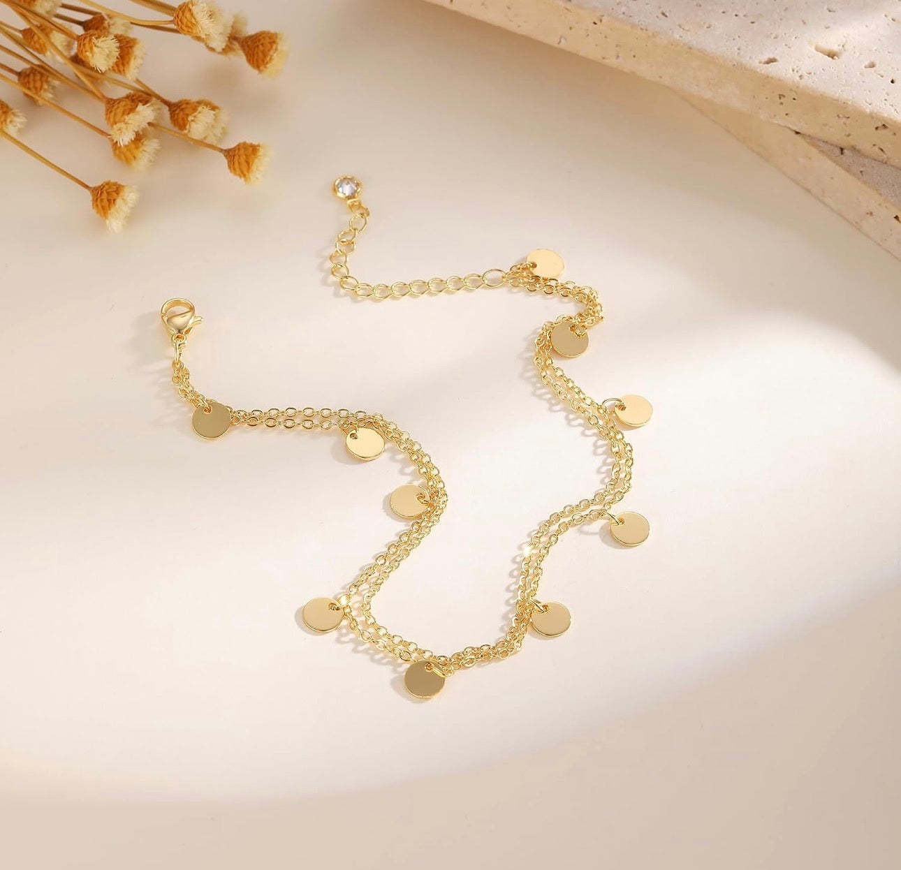 Gold Tone Multi Layer Charm Anklet – Dainty Beach Accessory