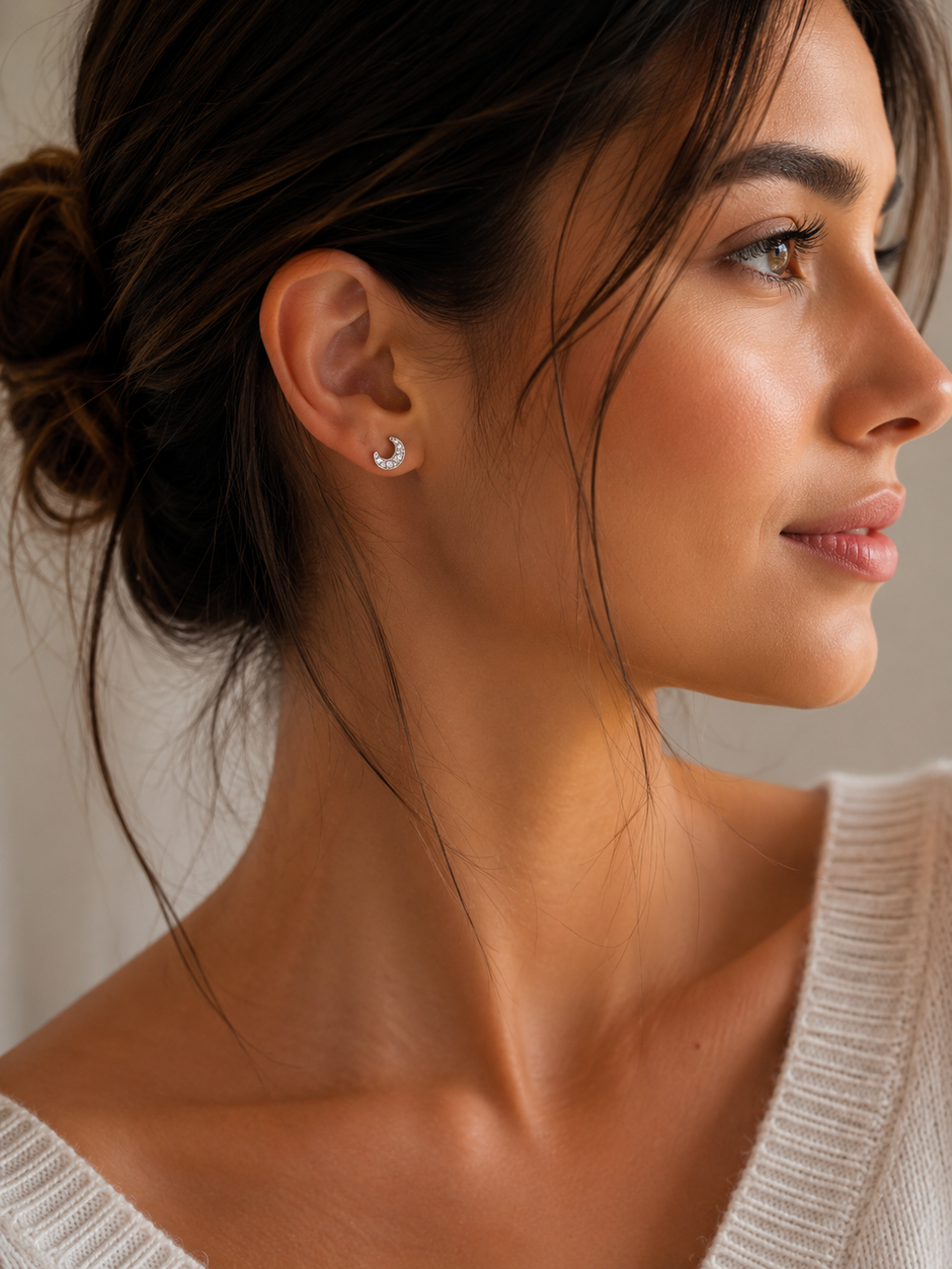 Dainty 5mm Stainless Steel CZ Crescent Moon Stud Earrings