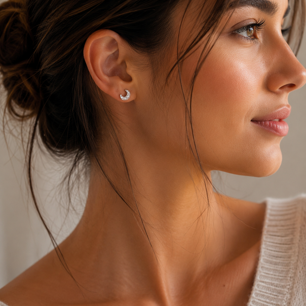 Dainty 5mm Stainless Steel CZ Crescent Moon Stud Earrings