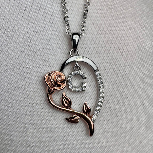 Rhodium Plated Personalized Initial Necklace – Rose Heart Pendant for Women
