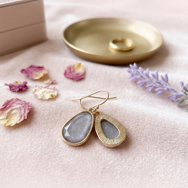 Sparkling Gray Teardrop Dangle Earrings – Gold Plated